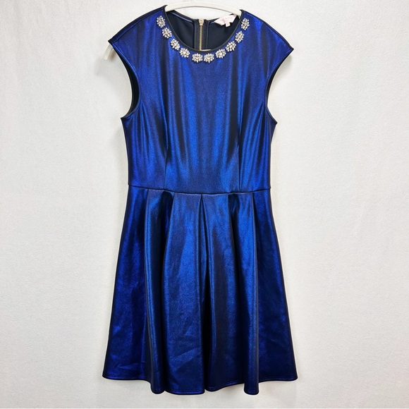 Ted Baker Metallic Blue Ayma Embellished Skater Dress Size 3 (Small) - Picture 3 of 13